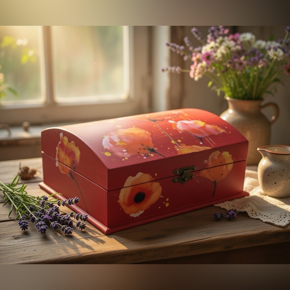 Vibrant Red Poppy Upcycled Wooden Keepsake Box – Hand-Painted Chalk Finish